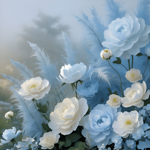 An enchanting painting of blue and white flowers, capturing nature's beauty and adding calm elegance to your decor.