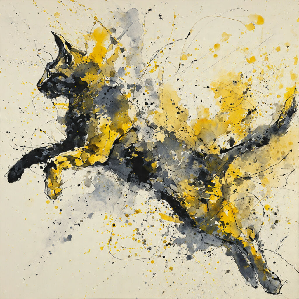 abstract expressionism, cat art, leaping cat, motion, energy, water...