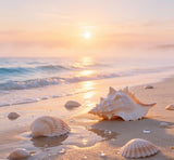 serene beach sunrise photography backdrop with morning mist and seashells on the sand