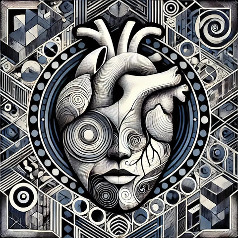 DALL·E 2024-11-12 19.52.24 - A human heart represented as fragmented and suspended within a labyrinth of geometric shapes and surreal patterns, symbolizing a sense of emotional de