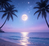 magical beach night photography backdrop with glowing moonlight and palm silhouettes