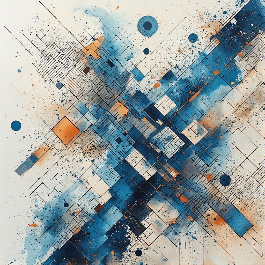 abstract, geometric, modern art, blue, orange, rectangles, ink spla...