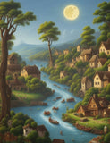 a painting of a village with a river and trees in the background