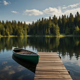 A peaceful lakeside cabin with a wooden dock and a canoe tied to it (1)