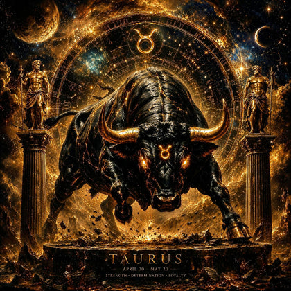 Taurus Zodiac Wall Art – Celestial Black Bull Astrology AI Art | Luxury Gold Cosmic Fantasy Print