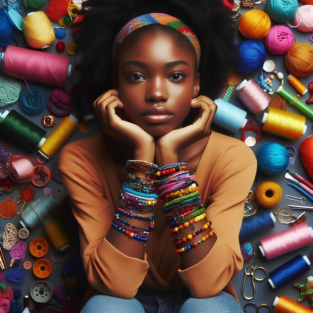 stylish young woman with colorful sewing threads in the background