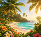tropical jungle beach photography backdrop with lush palm trees and exotic flowers