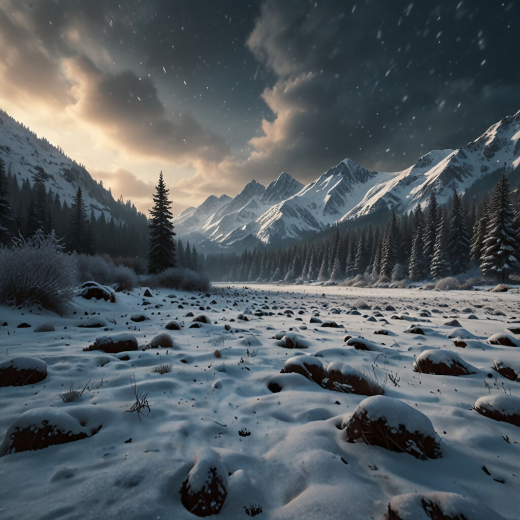 Illustration of Winter snowfall in a mountainous landscape