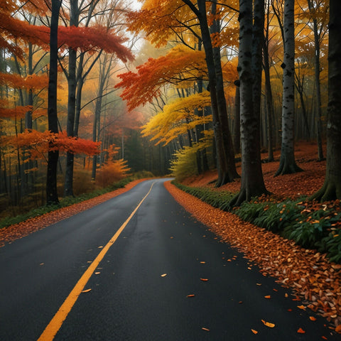 A winding road through a dense forest with autumn leaves in vibrant colors (1)