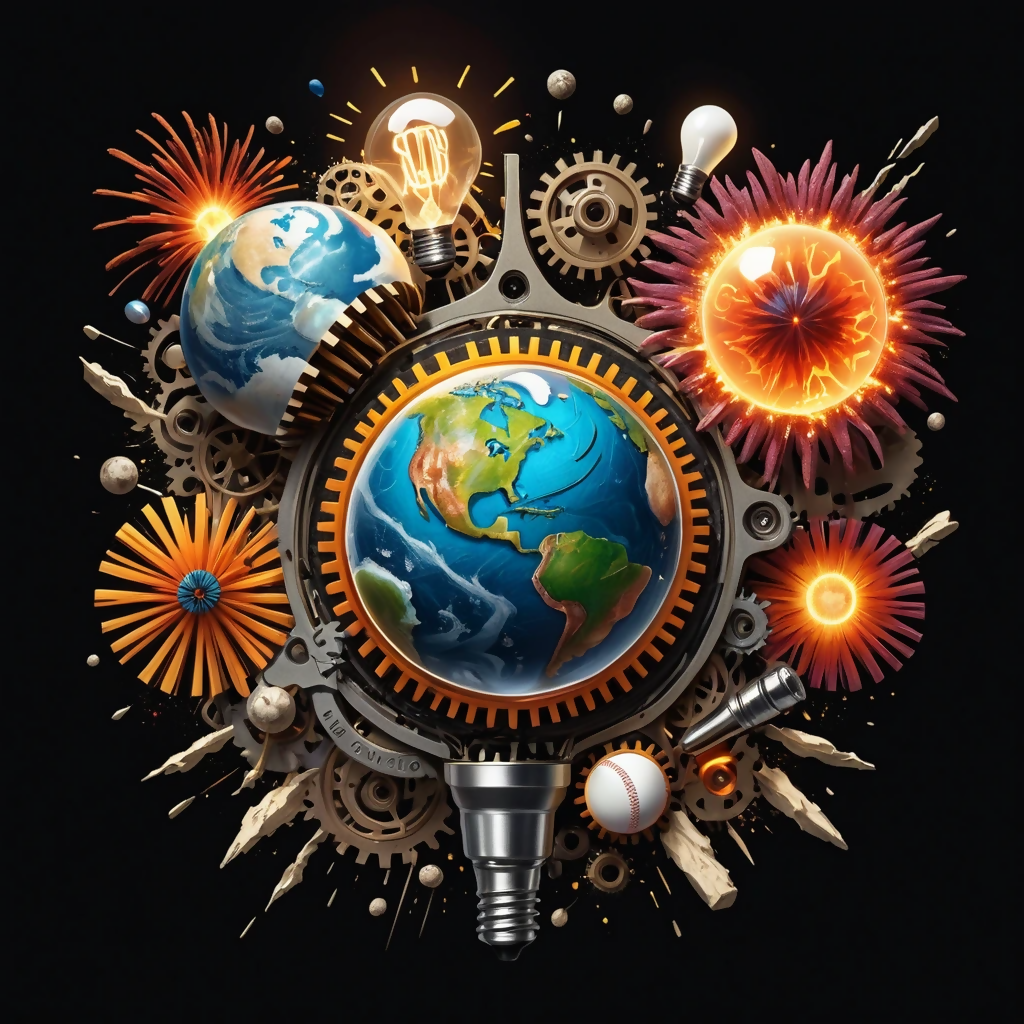 A detailed photorealistic image oworld exploding through a collage ...