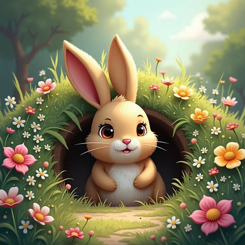 A Rabbit Burrowing Into a Cozy, Flower-Filled Garden