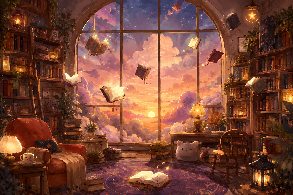 Magical Library Room with Floating Books and Sunset Window View
