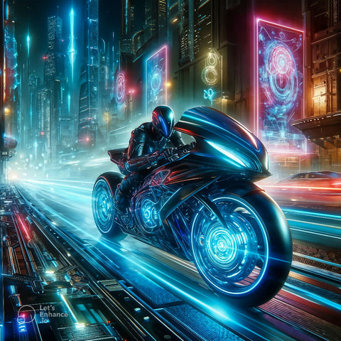 Futuristic Motorcycle Rider in a Neon Cityscape | AI-Generated Digital Art | High-Resolution Print