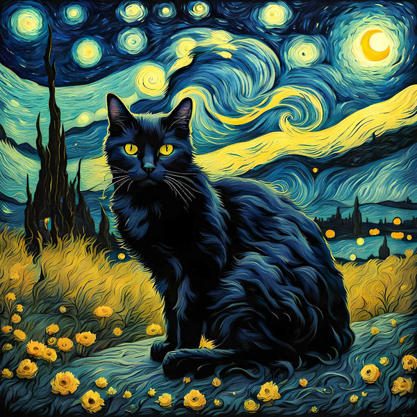 Starry Night Van Gogh Black Cat art