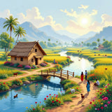 “Dreamy Village River View – Premium Scenic Wall Painting Art”