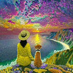 Painting of a woman dog enjoying a sunset