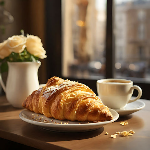 A mouthwatering image of a freshly baked croissant served alongside a steaming cup of coffee. The warm sunlight, fresh flowers, and cozy atmosphere create a perfect breakfast scene. Ideal for food lovers and anyone seeking a moment of indulgence and relax