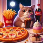 Cat eating pizza and fries