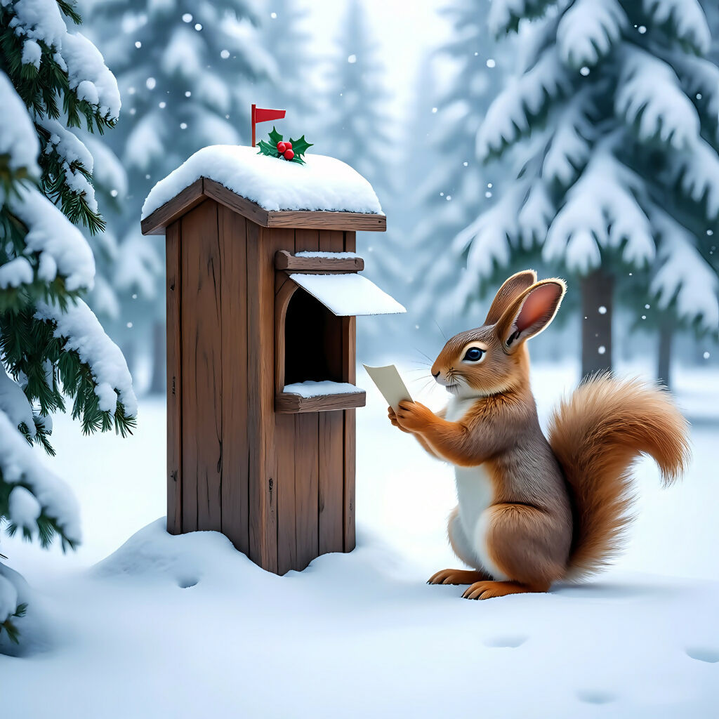 Winter Postman Squirrel Art - Whimsical Snowy Forest Digital Print