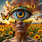 Surrealist Nature Fusion: Sunflower Eye and Butterfly Dreamscape