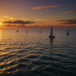 A vibrant sunset over a calm ocean with sailboats on the horizon (1)