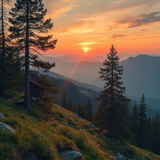 HiDream.org_stunning-sunrise-landscape-over-lakewood-mountain-forest-with-pine-trees-and-wooden-huts (1)