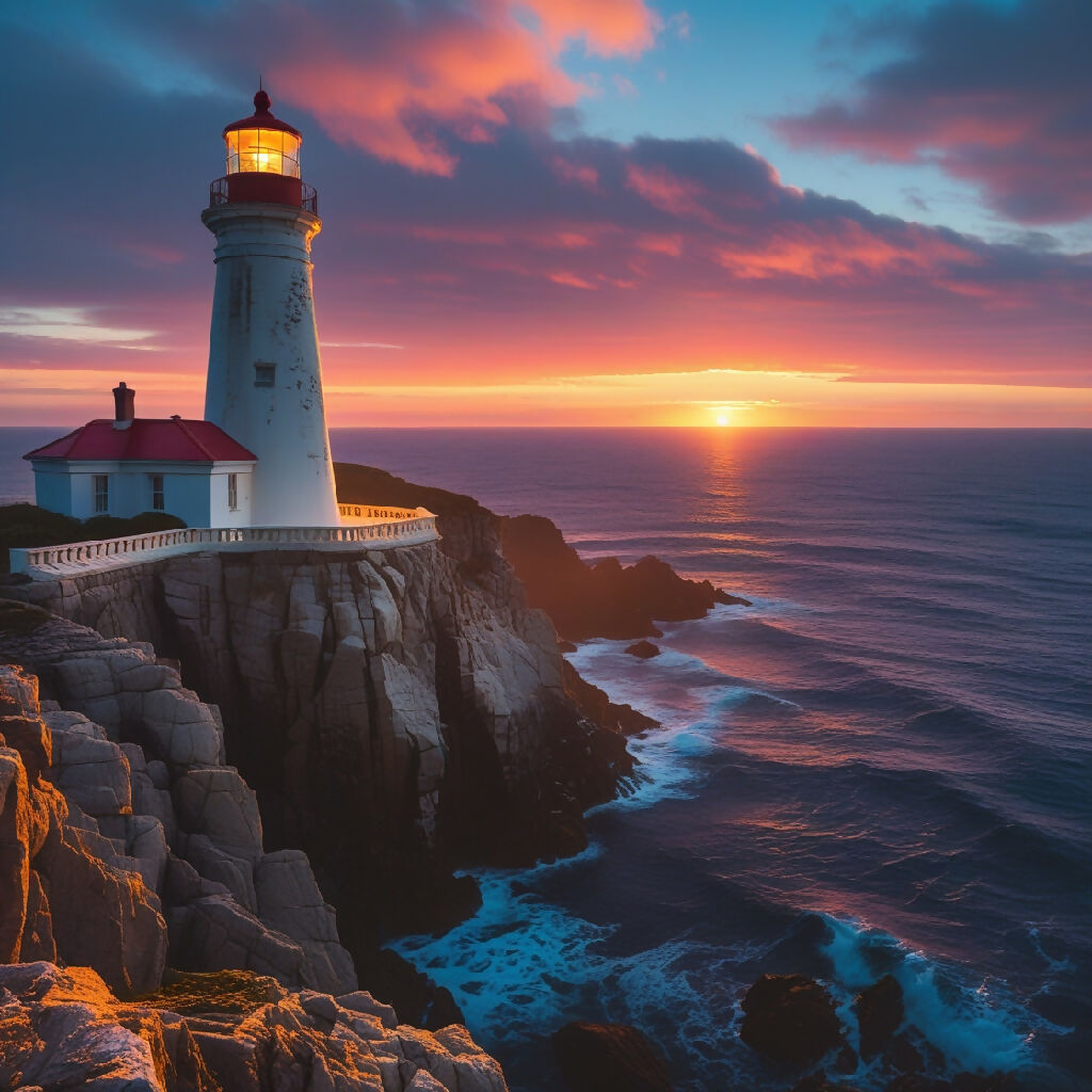 Perched Lighthouse A coastal lighthouse perched on rocky cliffs at sunset
