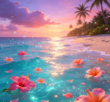 fantasy tropical beach photography backdrop with glowing turquoise water and floating tropical flowers