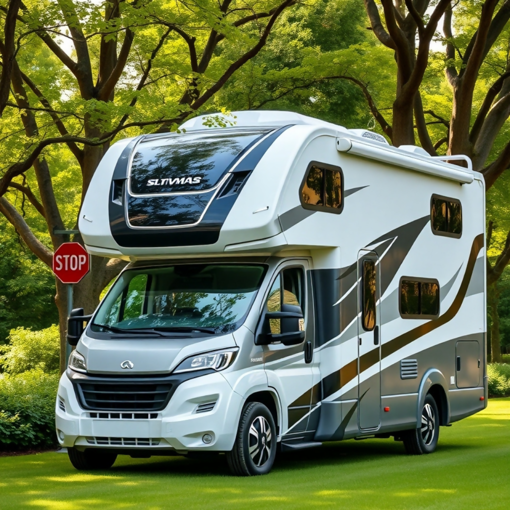 Luxury Slivmas RV Motorhome Parked in Green Forest Setting