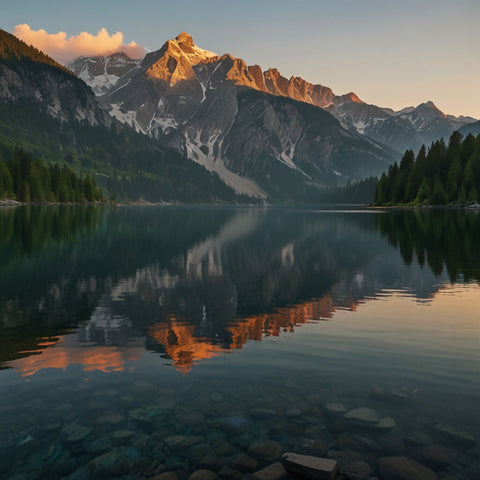 A serene and captivating alpine landscape, captured in a wide-angle shot during sunrise 8
