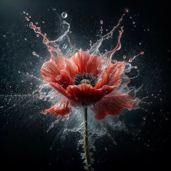 The image shows a single red poppy in full bloom, set against a sta...