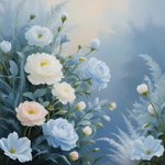 A celestial painting featuring blue and white flowers in soft pastel tones, adding tranquility and beauty to your decor. Generative Al