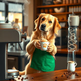 Golden Retriever Barista Holding Paw-Print Latte - Cozy Cafe AI Art"