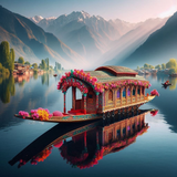 Serenity on Dal Lake: A Traditional Houseboat Amidst Snow-Capped Peaks