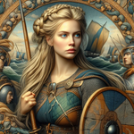 A trompe l`oeil art painting of an shield maiden viking