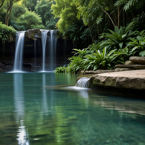 A serene waterfall cascading into a crystal-clear pool surrounded by lush greenery (1)