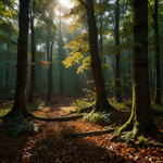 A dense forest with sunlight filtering through the canopy and a carpet of fallen leaves (2)