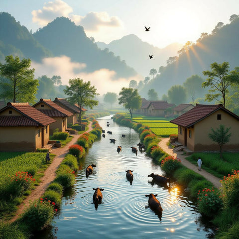 Golden Sunrise Village River Landscape Wallpaper