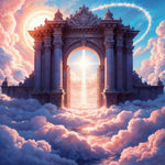 A heaven, ornate gateway, built of stone and adorned with intricate carvings, stands tall amidst a sea of fluffy clouds.