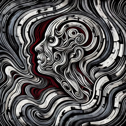 DALL·E 2024-11-11 22.41.39 - A broken and distorted human figure, trapped in an abstract labyrinth of undulating shapes and deep shadows symbolizing emotional pain and despair. Us