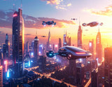 Firefly_A breathtaking futuristic city at sunset, glowing neon lights, flying cars, towering  210910