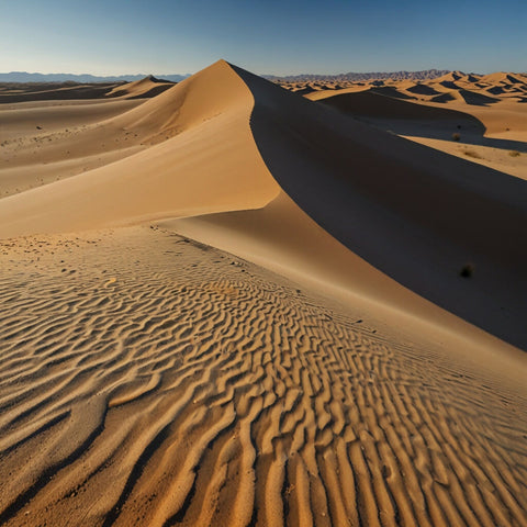 A vast desert with rolling sand dunes under a clear blue sky (1)