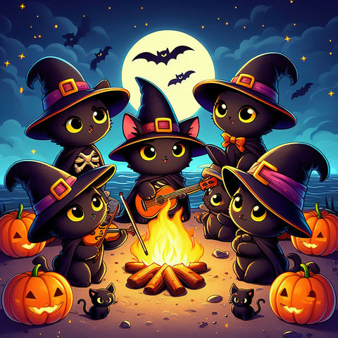 Cute black cats playing music on Halloween night copy