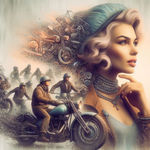 Lady in the 50s with young men on motorcycle,