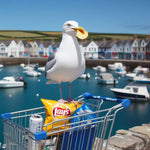 AI seagull holding chip in walmart shopping cart