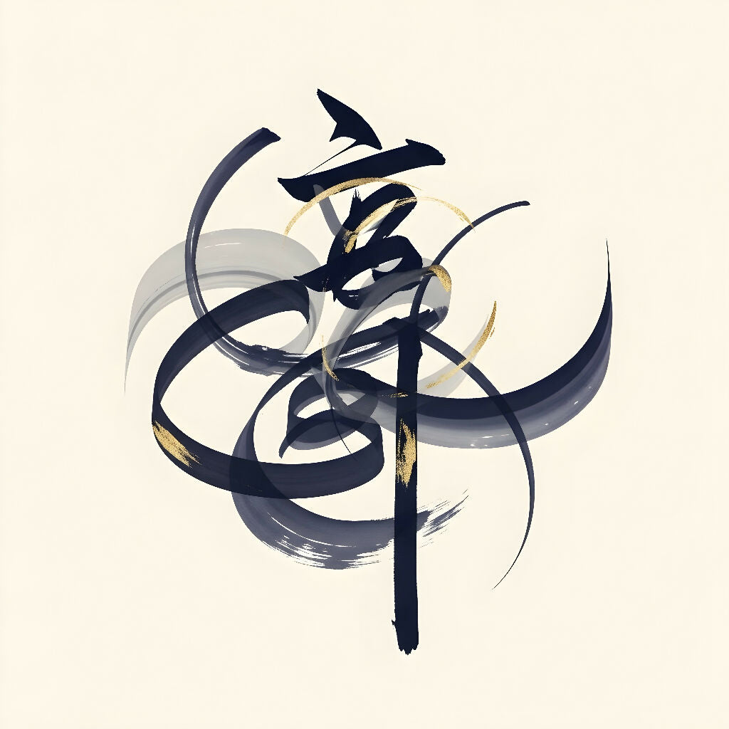 abstract calligraphy, ink brush art, gold accents, expressive strok...