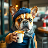 Chic French Bulldog Barista with Heart Latte - Cozy Cafe AI Art"