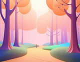 An expansive view of a dense, misty forest with towering ancient trees and a winding path
