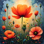 A vibrant painting of red poppies in a sunlit field, with a central orange poppy and a dreamy blue sky above. Generative Al