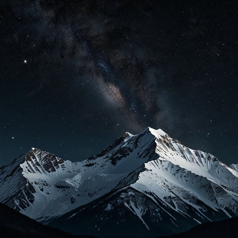 A majestic mountain range with snow-capped peaks and a clear, starry night sky (2)